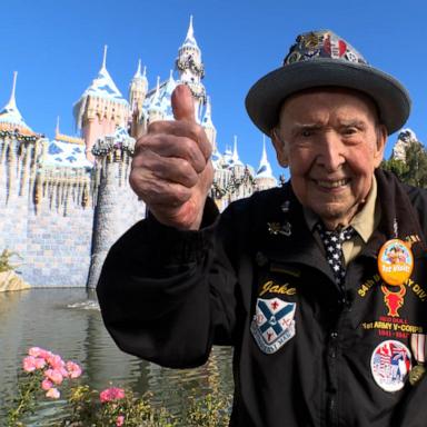 U.S. Army Staff Sgt. "Papa Jake" Larson got the star treatment at Disneyland when he was honored during a special flag retreat ceremony.