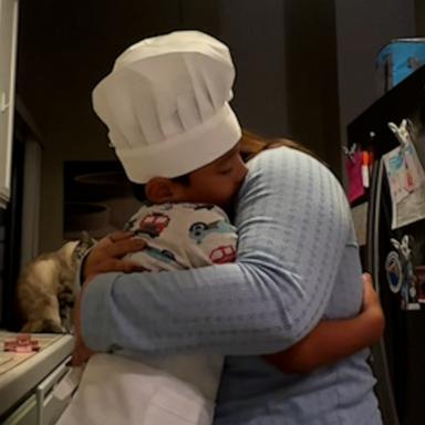 While dressing up as chefs to make pizza and cinnamon rolls at home, 6-year-old David Quevedo shared a special moment with his mom, Jayone.