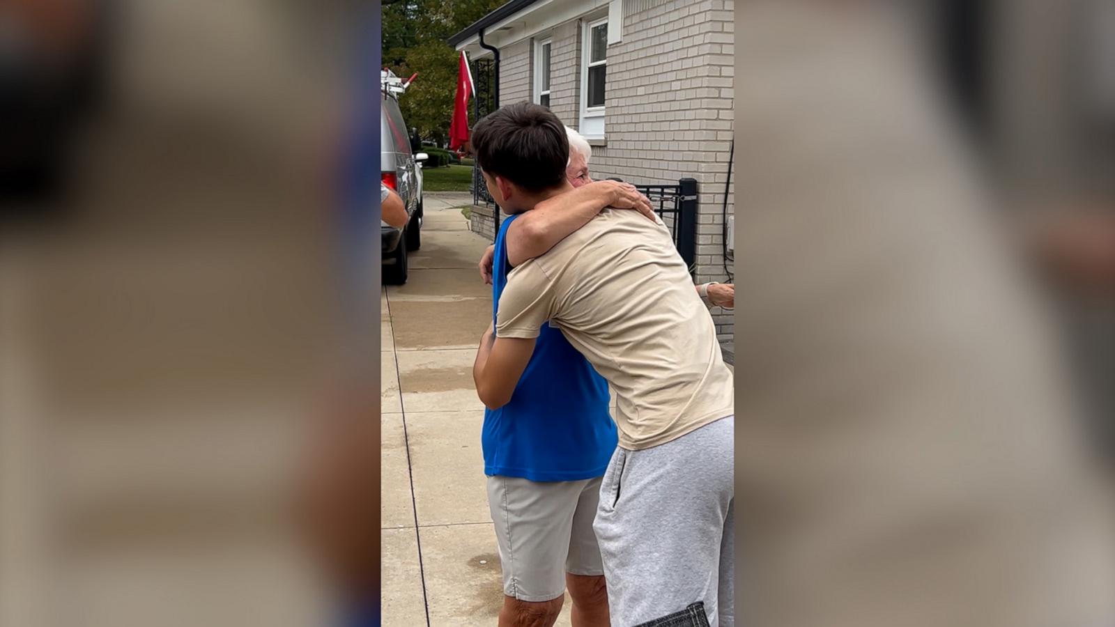 The sweet surprise left this grandmother in tears as she hugged her grandson.