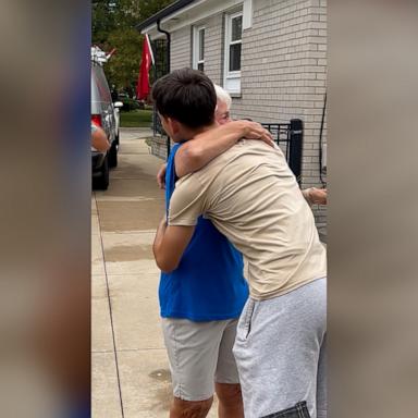 The sweet surprise left this grandmother in tears as she hugged her grandson.