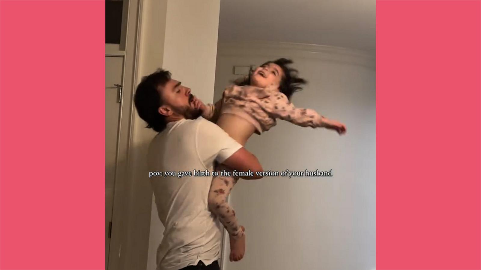 Mom Jade Skluzacek captured the video, which she said was a “normal occurrence” in their house, saying her daughter is a mini version of her husband.