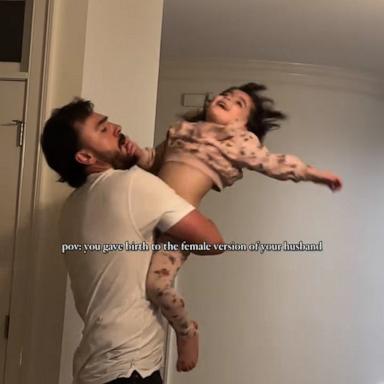 Mom Jade Skluzacek captured the video, which she said was a “normal occurrence” in their house, saying her daughter is a mini version of her husband.