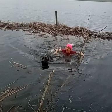 Zoë Suleman-Casey of Misson, Nottinghamshire jumped in the cold water after Molly the dog got stranded from running after a bird.