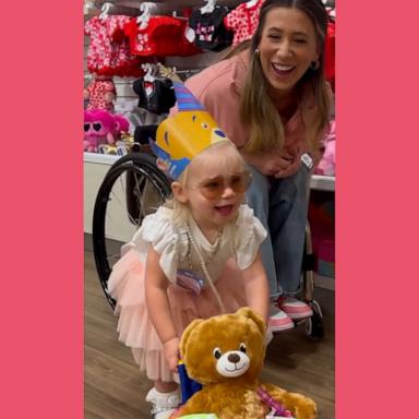 Chelsie Hill watched in awe as her daughter Jaelyn walked over to the miniature wheelchairs for stuffed animals and chose one so her bear could match her mom.