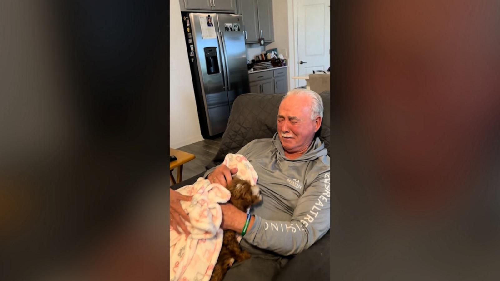 Thomas Kelly's family wanted to bring some cheer back into his life after his mom died a few months ago and decided a puppy would be the perfect way to surprise him.