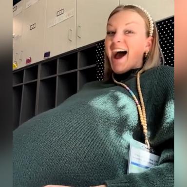 Elementary school teacher Samantha Landwehr shared footage of her students, who were excited to witness her baby moving.