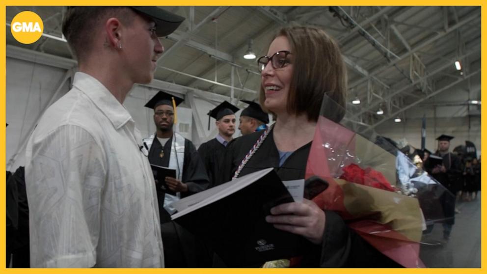 Blane Yuhas, an active-duty Army specialist serving abroad, surprised his mom Sabrina Hill at her graduation after nine months apart. This Mother's Day, let our sponsor Macy's be your guide to gifting.