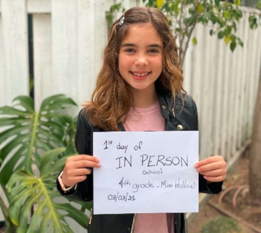 PHOTO: Clara Zanotto, 9, a fourth grade student of Redondo Beach School District in Redondo Beach, California, poses as she heads back to the classroom amid COVID-19.