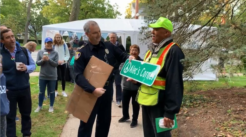 PHOTO: On Sept. 10, 2019, Alec Childress was met with 100 kids, parents, family and church members at the intersection where he's been crossing students in Wilmette, Illinois, for 14 years.