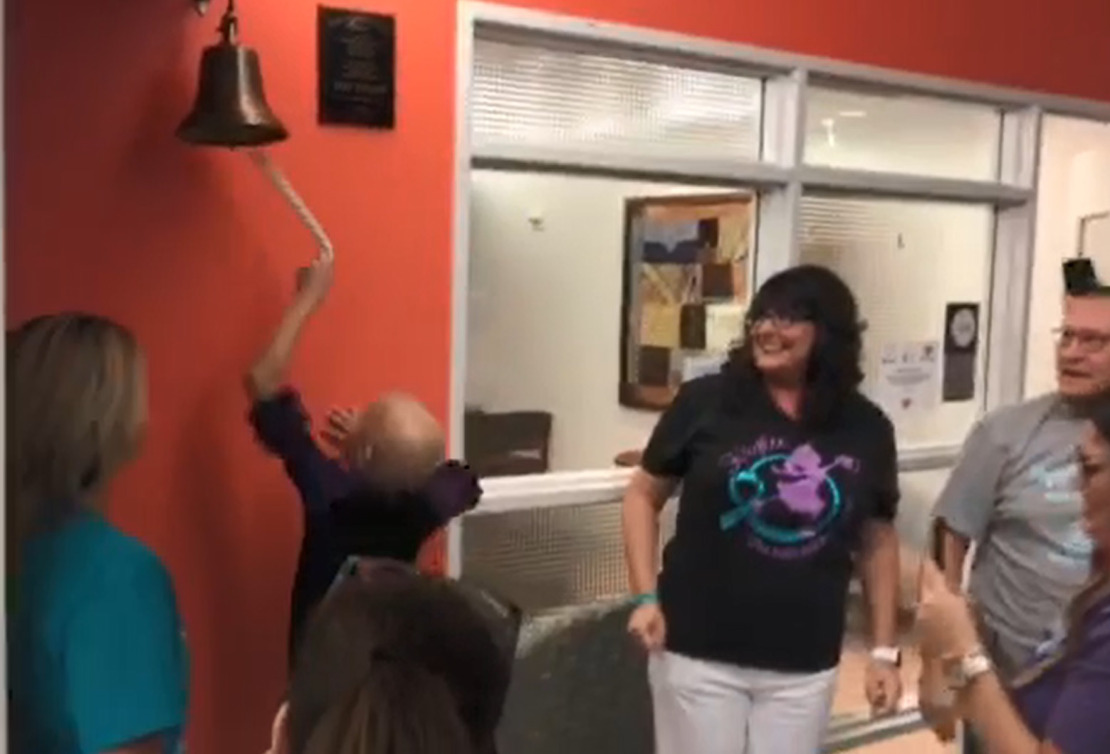 PHOTO: Kaylee Tolleson, 9, ran through a crowd of loved ones at Texas Children's Hospital and rang a bell to celebrate being declared cancer-free after a bout with ovarian cancer.