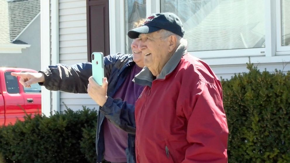 PHOTO: Alfred Vecoli of Pawtucket, R.I., is treated to a parade of cars filled with family members in honor of his 92nd birthday, March 22, 2020.