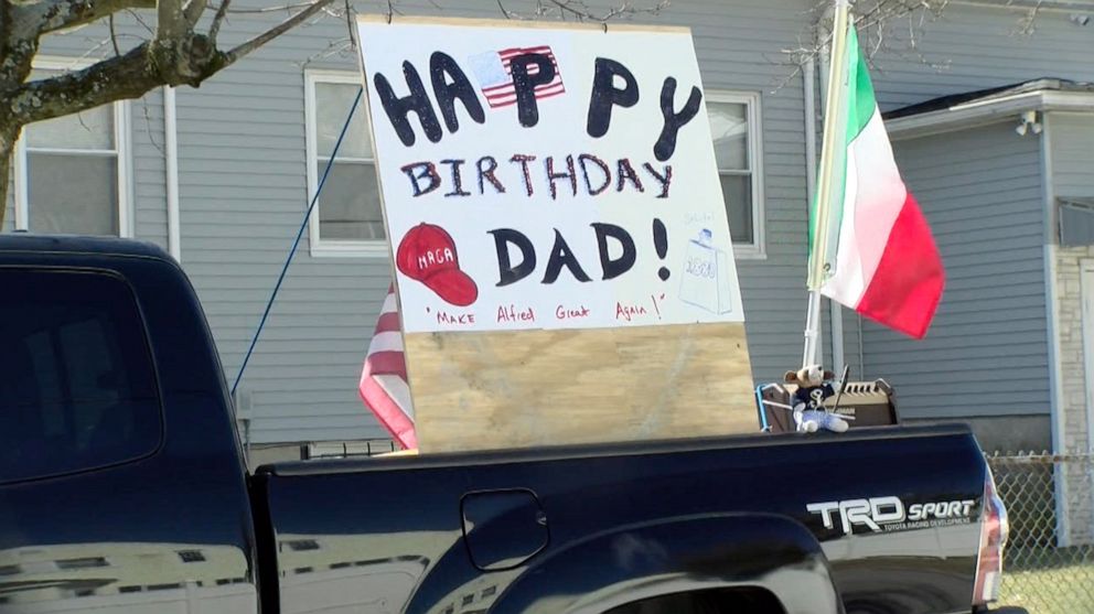 PHOTO: Alfred Vecoli of Pawtucket, R.I., is treated to a parade of cars filled with family members in honor of his 92nd birthday, March 22, 2020.