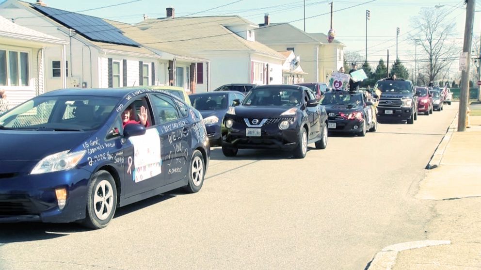 PHOTO: Alfred Vecoli of Pawtucket, R.I., is treated to a parade of cars filled with family members in honor of his 92nd birthday, March 22, 2020.