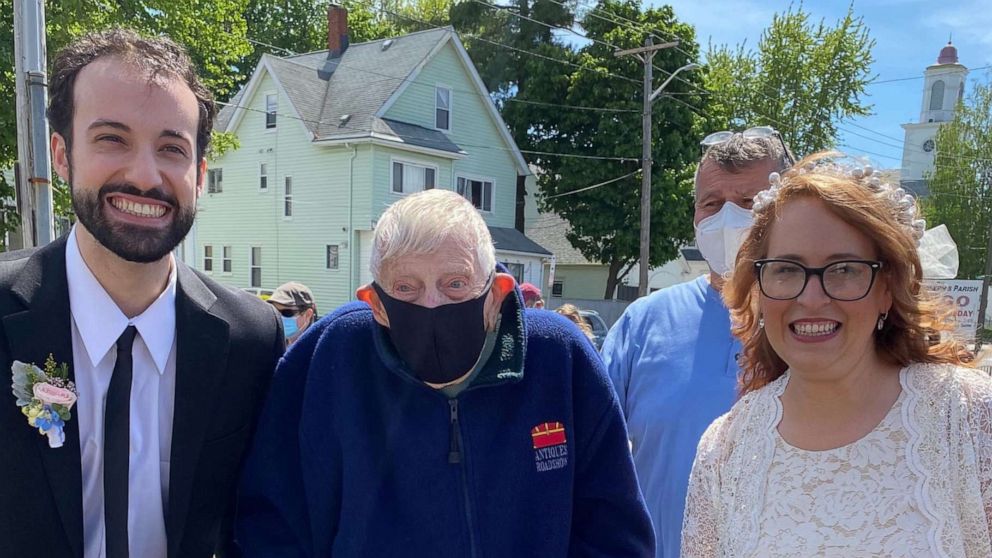 PHOTO: Vincent Simeone, of Woburn, Massachusetts, attended Amy Zimmerman Scudieri and Sal Scudieri's nuptials at a safe distance on May 24 — the same day that would have been his late wife Millie's 100th birthday.