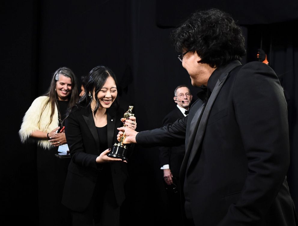 PHOTO: Sharon Choi and Best Director award winner Bong Joon Ho pose backstage during the 92nd Annual Academy Awards
