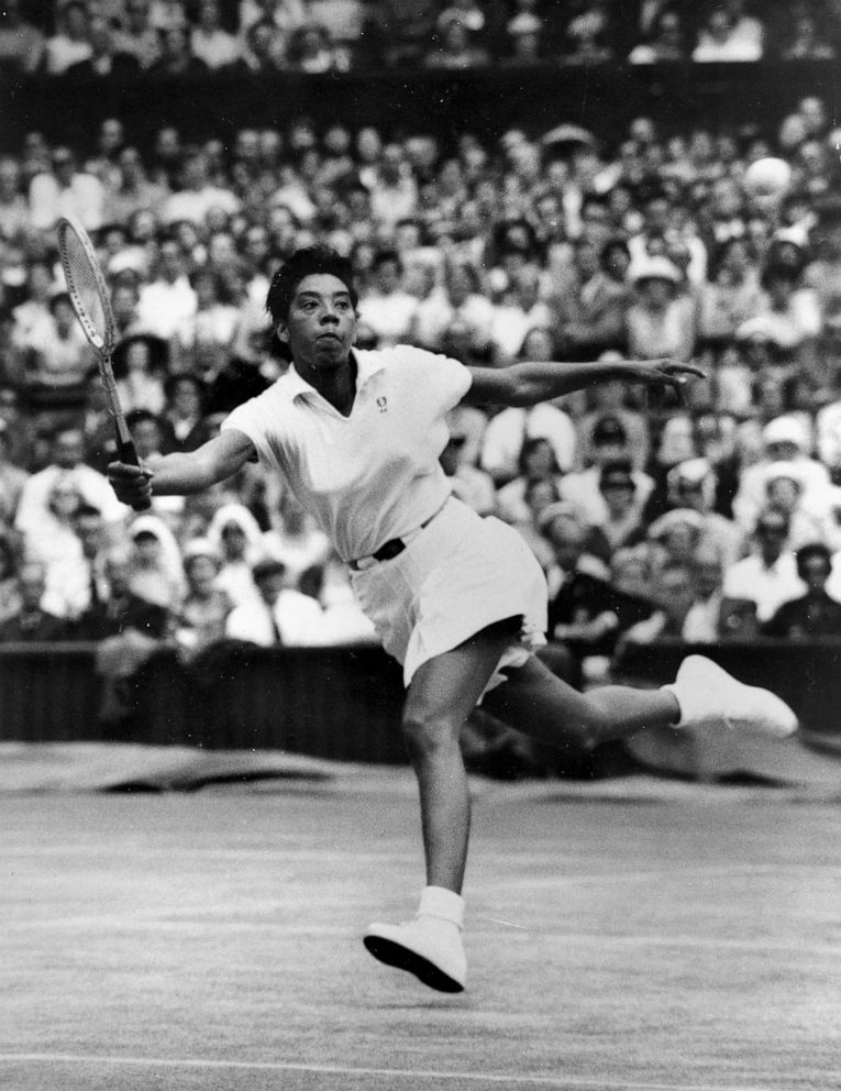 PHOTO:New York's Althea Gibson prepares to volley against Brittain's Ann Haydon during the Wimbledon womens singles semi-final tennis match in the All England Lawn in Wimbledon, England on July 3, 1958.  Gibson won 6-2, 6-0, after only 30 minutes of play.