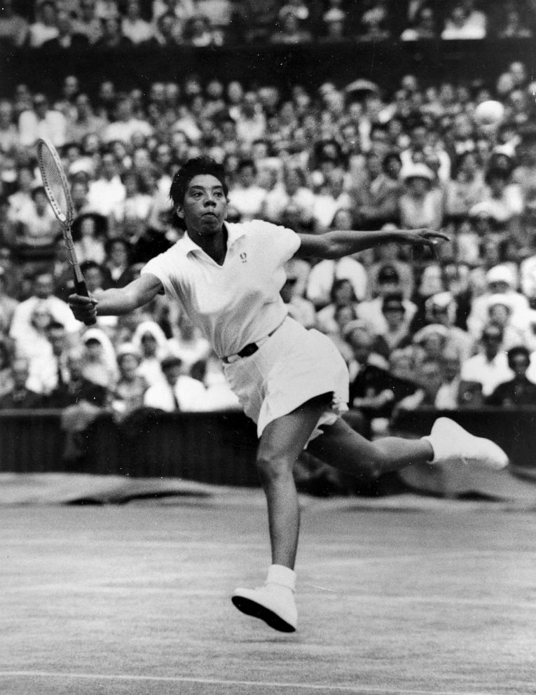 PHOTO:New York's Althea Gibson prepares to volley against Brittain's Ann Haydon during the Wimbledon womens singles semi-final tennis match in the All England Lawn in Wimbledon, England on July 3, 1958. Gibson won 6-2, 6-0, after only 30 minutes of play.