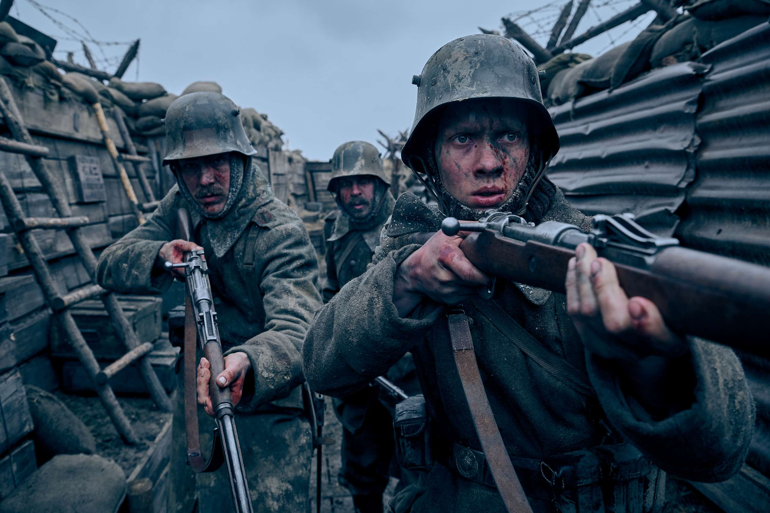 PHOTO: Felix Kammerer, Albrecht Schuch and Edin Hasanovic in a scene from the 2022 movie, "All Quiet on the Western Front."