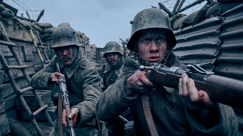 PHOTO: Felix Kammerer, Albrecht Schuch and Edin Hasanovic in a scene from the 2022 movie, "All Quiet on the Western Front."