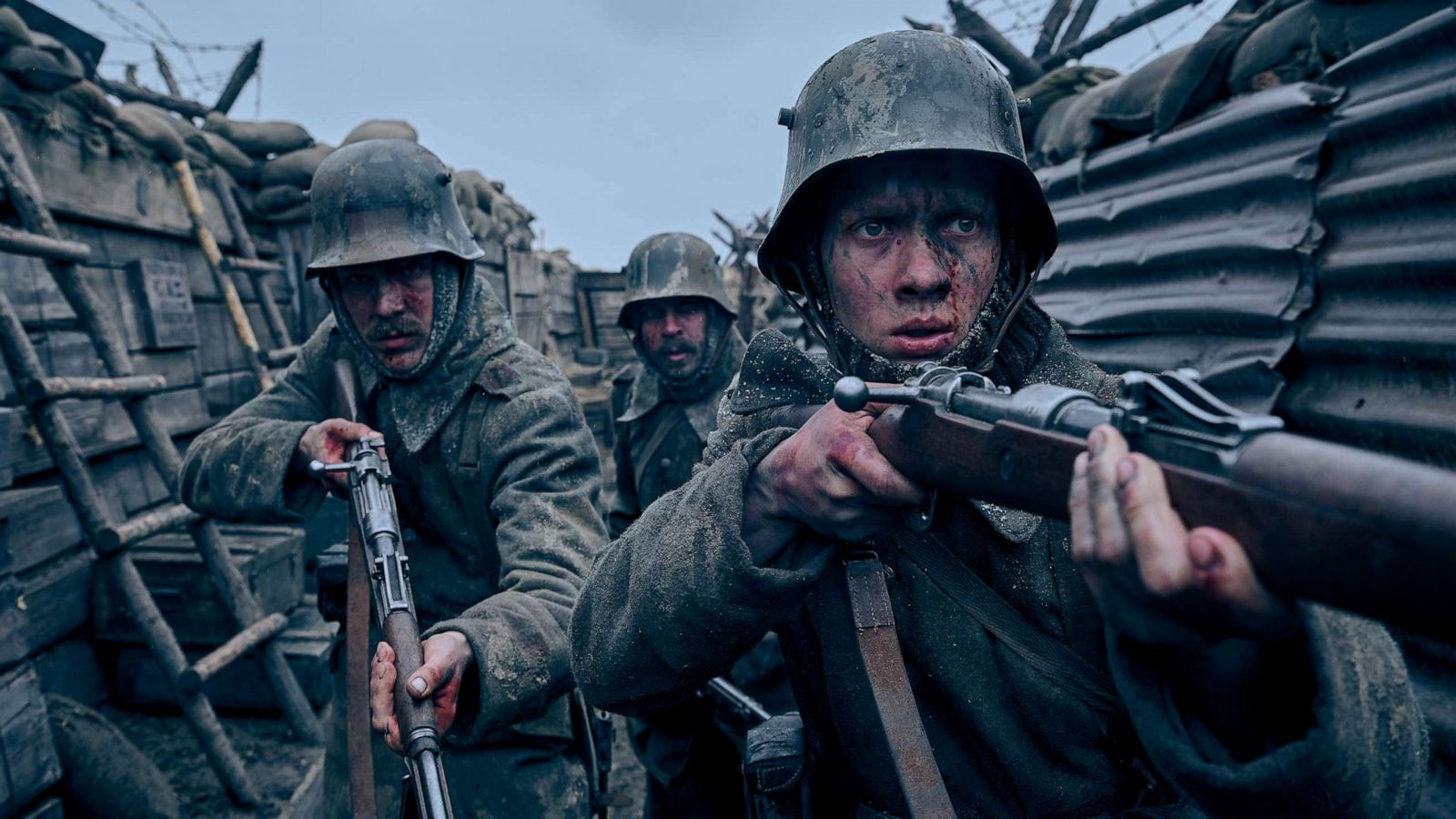 PHOTO: Felix Kammerer, Albrecht Schuch and Edin Hasanovic in a scene from the 2022 movie, "All Quiet on the Western Front."