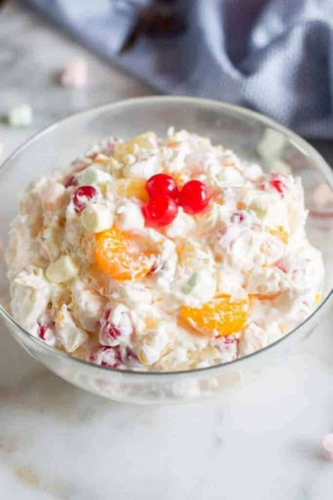 PHOTO: A bowl of ambrosia salad made with yogurt and homemade whipped cream.