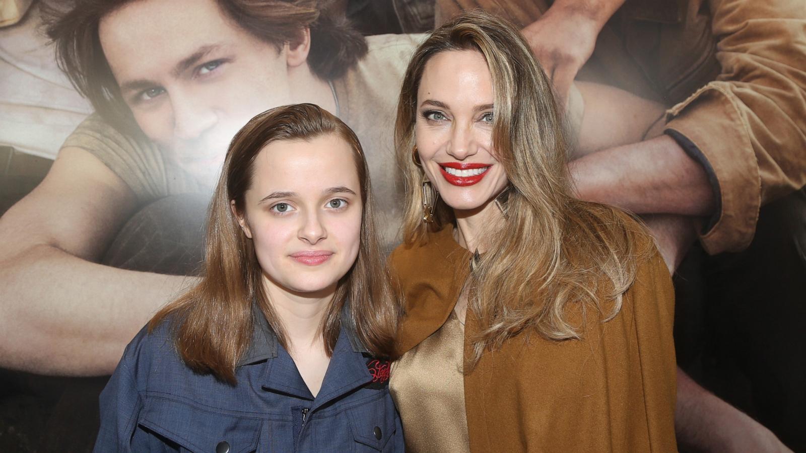 PHOTO: Vivienne Jolie-Pitt and Angelina Jolie attend the opening night of "The Outsiders" at The Bernard B. Jacobs Theatre on April 11, 2024 in New York City.