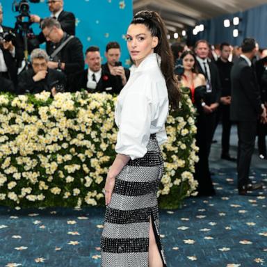 Anne Hathaway attends the 2025 Met Gala Celebrating "Superfine: Tailoring Black Style" on May 05, 2025 in New York City. 