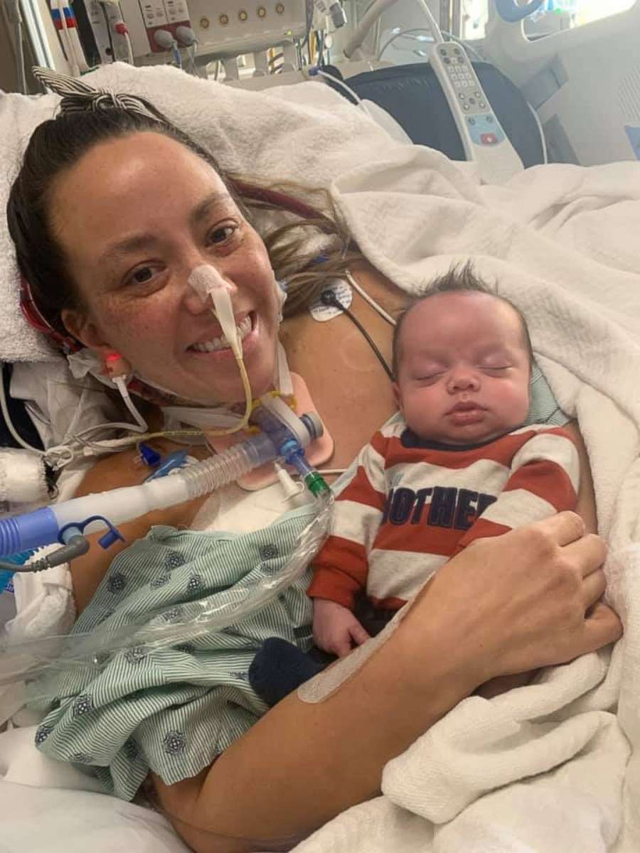 PHOTO: Autumn Carver, who was hospitalized with COVID-19 while pregnant, meets her son Huxley for the first time.