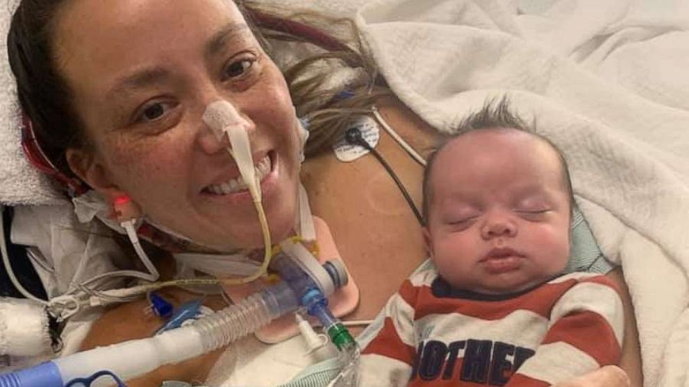 PHOTO: Autumn Carver, who was hospitalized with COVID-19 while pregnant, meets her son Huxley for the first time.