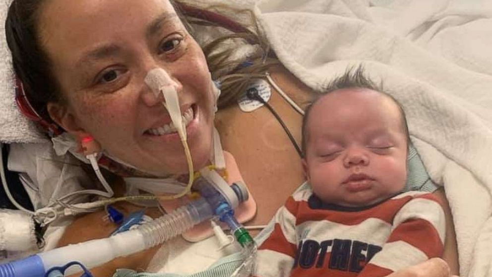 PHOTO: Autumn Carver, who was hospitalized with COVID-19 while pregnant, meets her son Huxley for the first time.