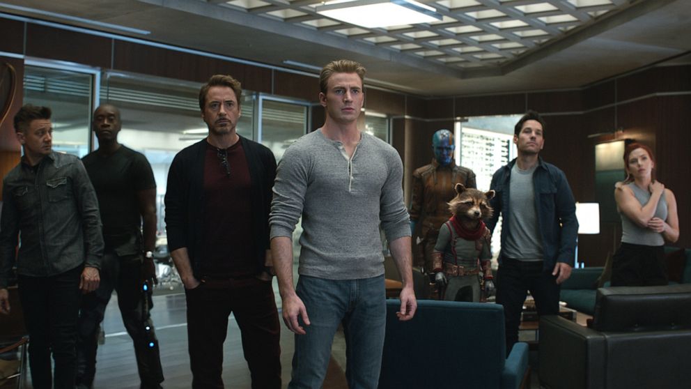 PHOTO: From left, Jeremy Renner, Don Cheadle, Robert Downey Jr., Chris Evans, Karen Gillan, the character Rocket, voiced by Bradley Cooper, Paul Rudd and Scarlett Johansson in a scene from "Avengers: Endgame." 