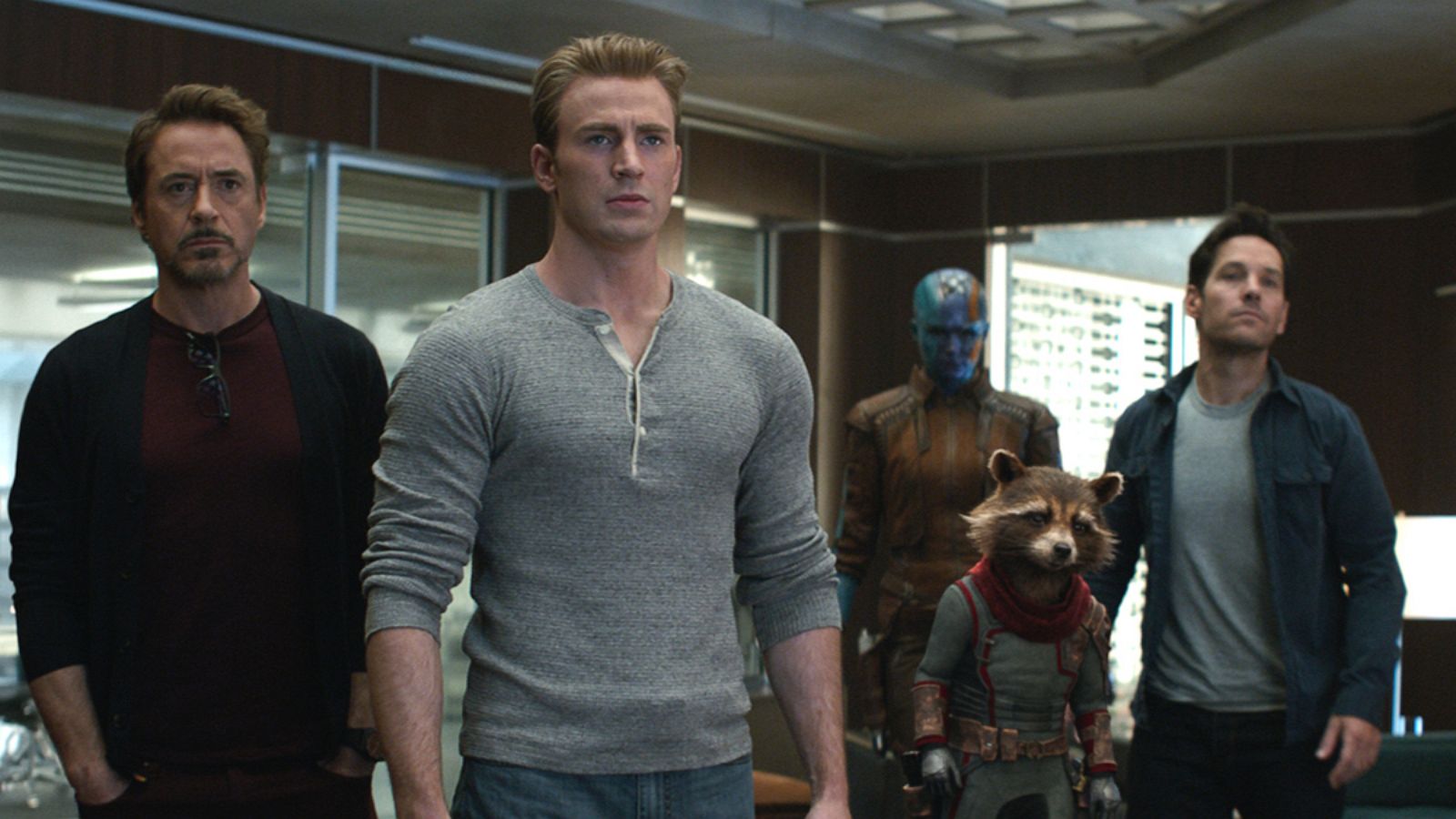 PHOTO: From left, Jeremy Renner, Don Cheadle, Robert Downey Jr., Chris Evans, Karen Gillan, the character Rocket, voiced by Bradley Cooper, Paul Rudd and Scarlett Johansson in a scene from "Avengers: Endgame."