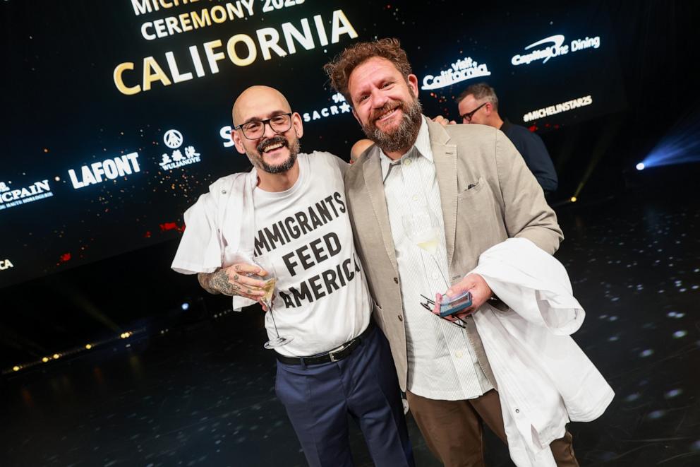 PHOTO: Chefs Aitor Zabala and Michael Cimarusti celebrate their restaurants earning three Michelin stars at the Michelin Guide 2025 California Ceremony.
