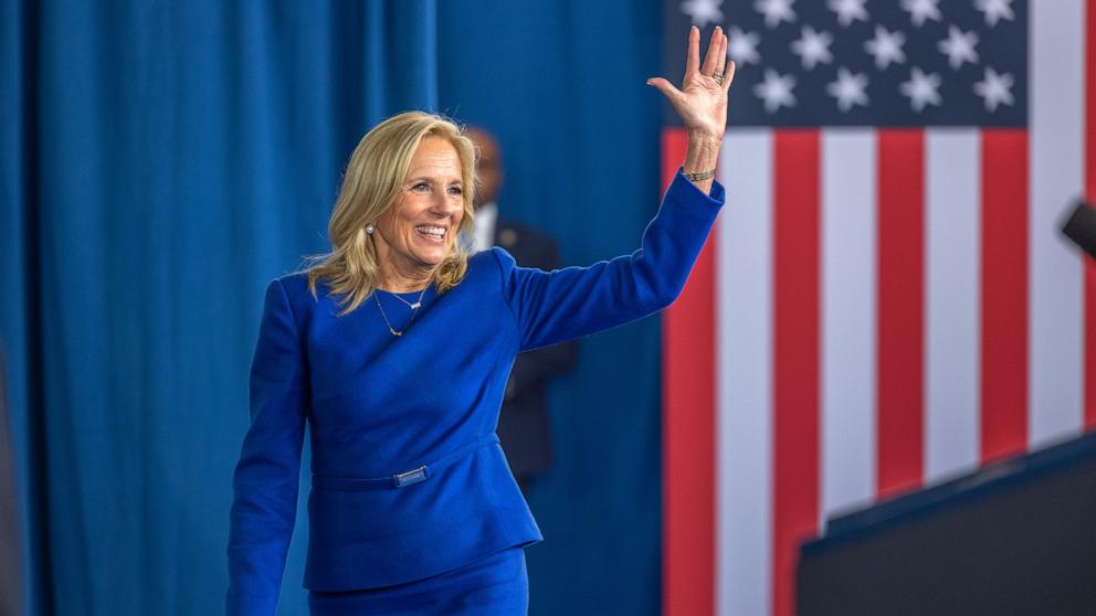PHOTO: First lady Jill Biden speaks at the International African-American Museum before President Joe Biden takes stage on January 19, 2025 in Charleston, South Carolina.