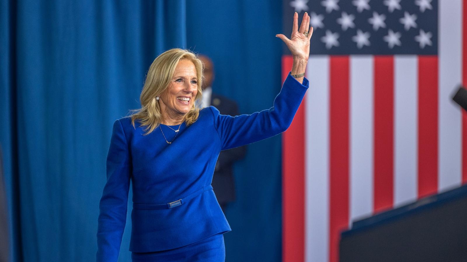 PHOTO: First lady Jill Biden speaks at the International African-American Museum before President Joe Biden takes stage on January 19, 2025 in Charleston, South Carolina.