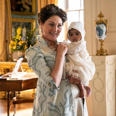 PHOTO: Ruth Gemmell as Lady Violet Bridgerton, Arianna and Ava Gittens-Roberts as Baby Augie in episode 203 of "Bridgerton."