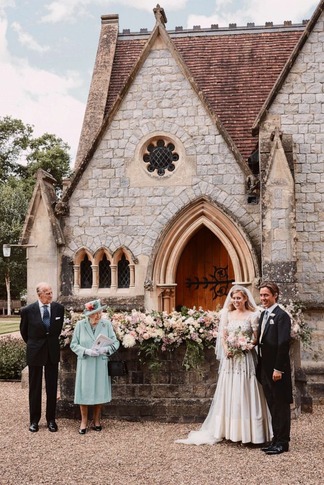 Princess Beatrice and Edoardo Mapelli Mozzi stand outside The Royal Chapel of All Saints at Royal Lodge Queen Elizabeth II and Duke of Edinburgh.