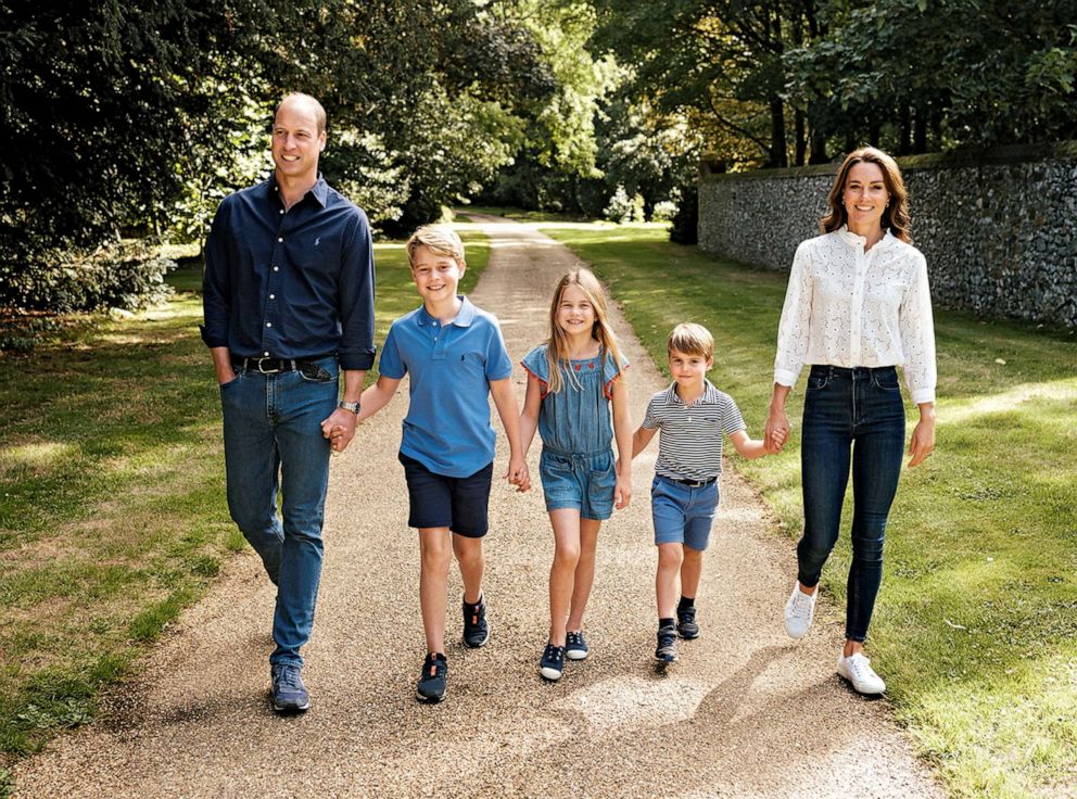 PHOTO: Britain's Prince William, Prince of Wales, Catherine, Princess of Wales and their children Prince George, Princess Charlotte and Prince Louis walk in Norfolk on this undated photo released as a Christmas card on Dec. 13, 2022.