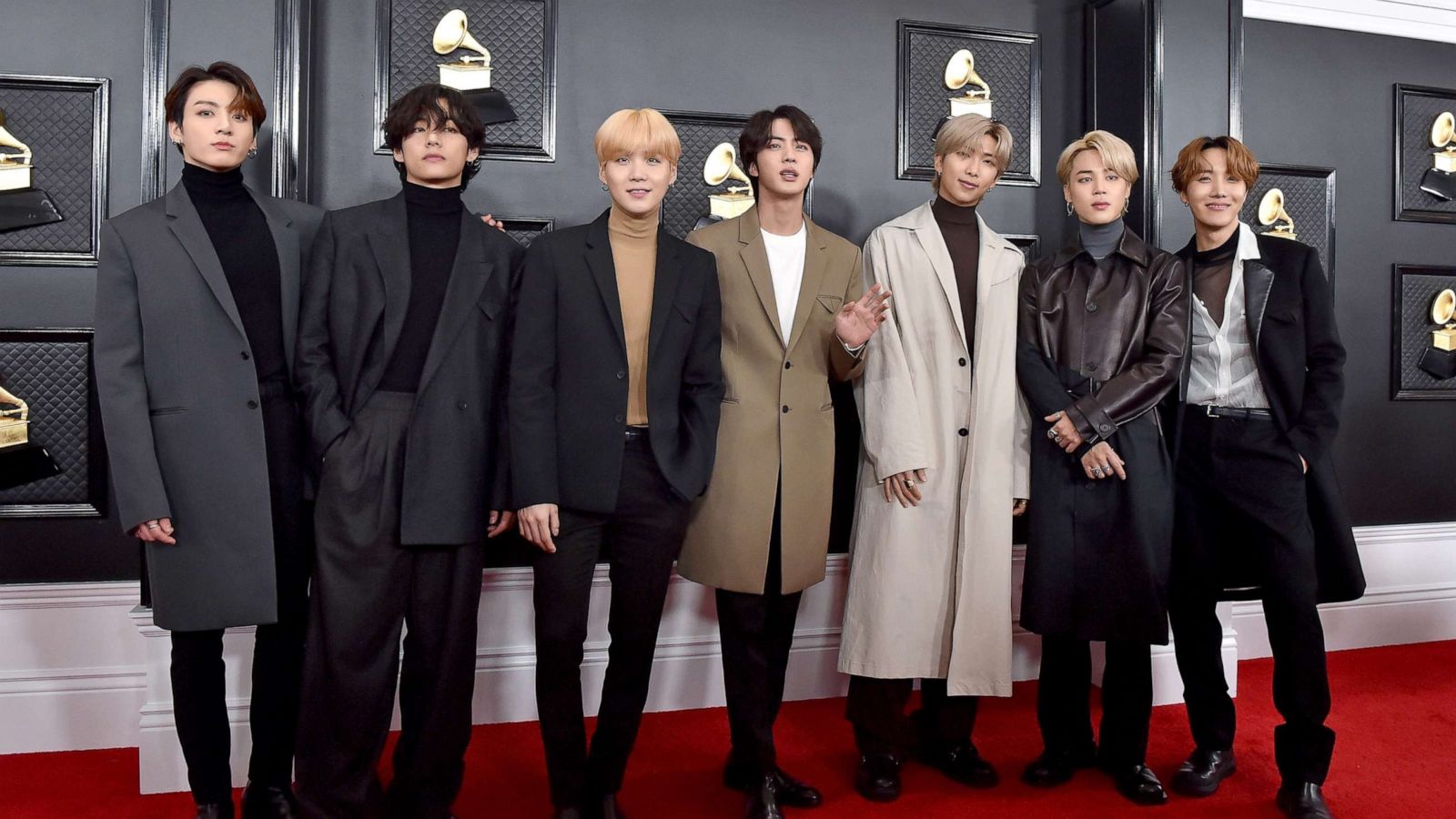 PHOTO: In this file photo Jungkook, V, Suga, Jin, RM, Jimin and J-Hope of music group BTS attend the 62nd annual Grammy Awards at Staples Center, Jan. 26, 2020, in Los Angeles.