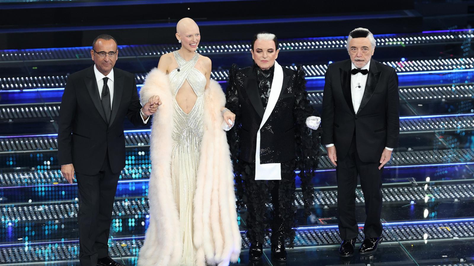 PHOTO: Carlo Conti, Bianca Balti, Cristiano Malgioglio and Nino Frassica attend the 75th Sanremo Music Festival 2025 at Teatro Ariston on Feb. 12, 2025 in Sanremo, Italy.