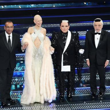 PHOTO: Carlo Conti, Bianca Balti, Cristiano Malgioglio and Nino Frassica attend the 75th Sanremo Music Festival 2025 at Teatro Ariston on Feb. 12, 2025 in Sanremo, Italy. 