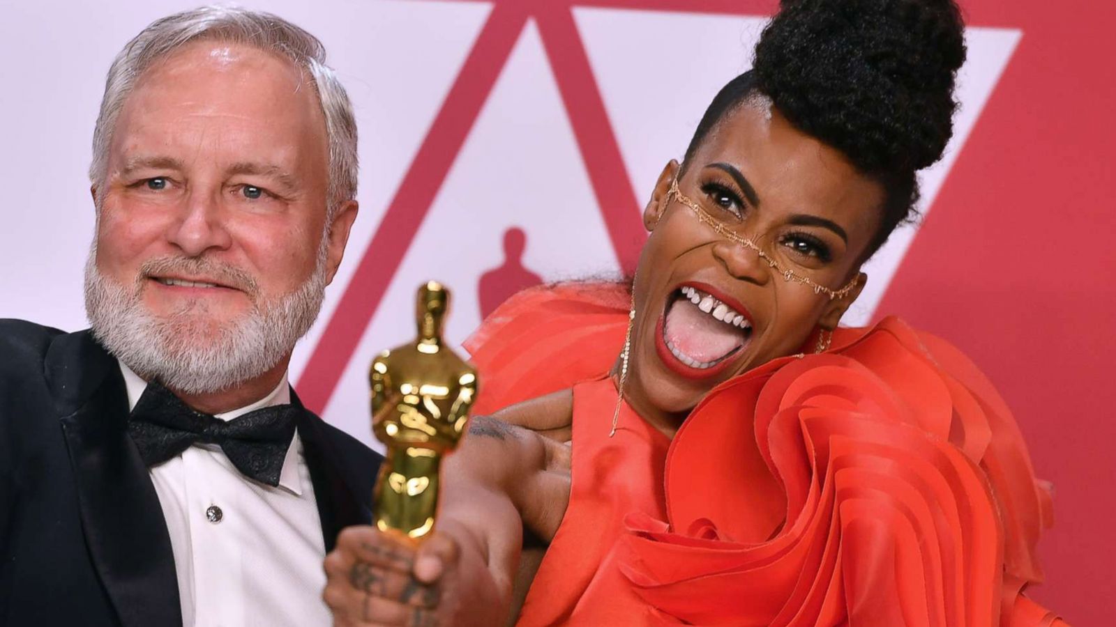 PHOTO: Jay Hart and Hannah Beachler pose with their Oscars for best production design for "Black Panther," Feb. 24, 2019, at the Dolby Theatre in Los Angeles.