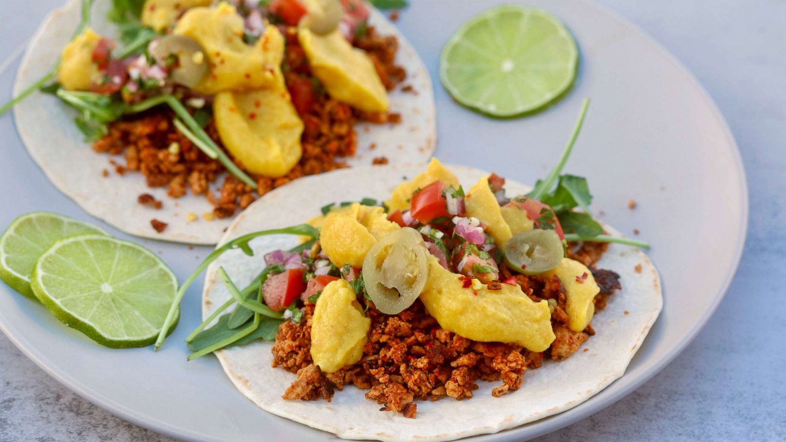 PHOTO: Beefless tacos with cauliflower "queso" sauce.