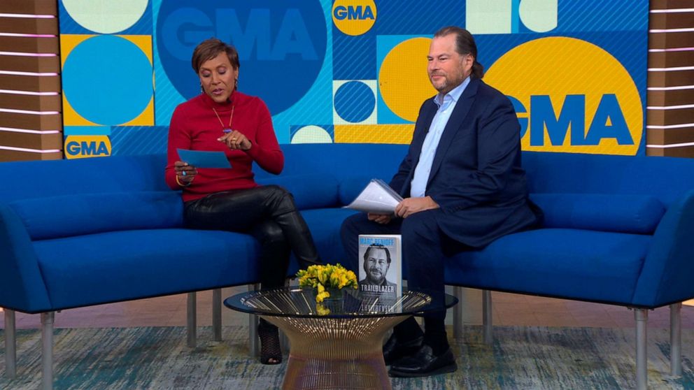 PHOTO: Salesforce founder and CEO Marc Benioff talks to "GMA" about his new book "Trailblazer."