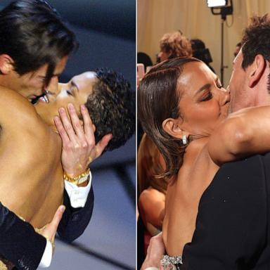 PHOTO: Adrien Brody kisses presenter Halle Berry as he accepts his Oscar at the Kodak Theatre in Hollywood, Calif., March 23, 2003. | Halle Berry and Adrien Brody kiss on the red carpet at the 97th Annual Academy Awards in Los Angeles, March 2, 2025.