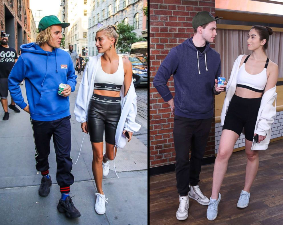 PHOTO: Justin Bieber and Hailey Baldwin, July 12, 2018 in New York City, left. Two models pose as Justin Bieber and Hailey Baldwin in last-minute Halloween costumes, right.