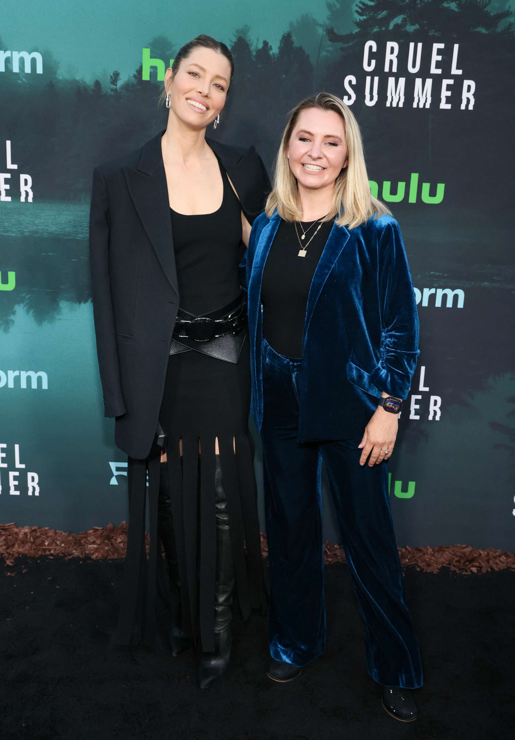 PHOTO: Jessica Biel and Beverley Mitchell attend the Los Angeles premiere of Freeform's "Cruel Summer" season 2 at Grace E. Simons Lodge on May 31, 2023 in Los Angeles.