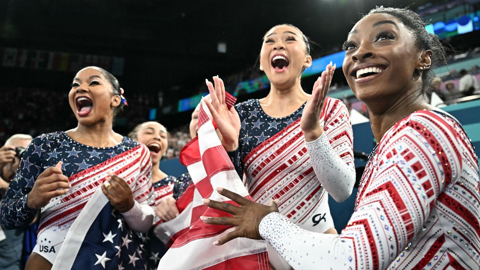 PHOTO: Jordan Chiles, Sunisa Lee, and Simone Biles celebrate after team USA won the artistic gymnastics women's team final during the Paris 2024 Olympics in Paris, July 30, 2024.