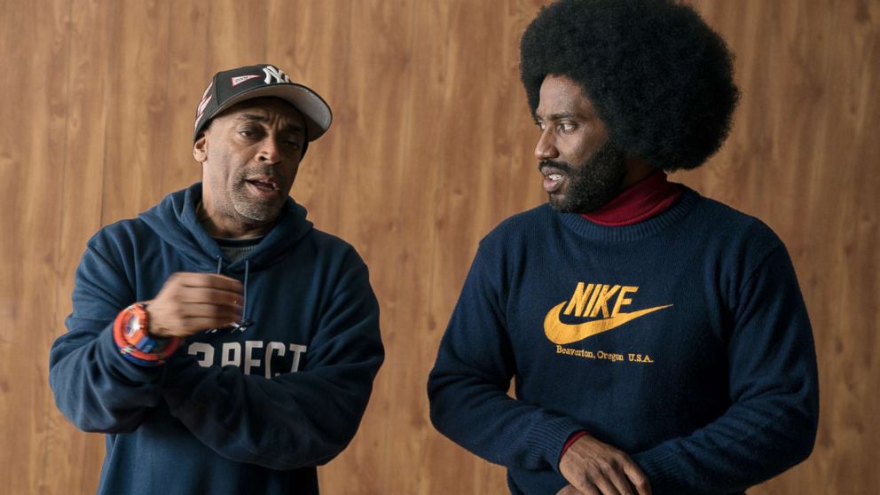 Director Spike Lee and actor John David Washington on the set of the film, "BlacKkKlansman."