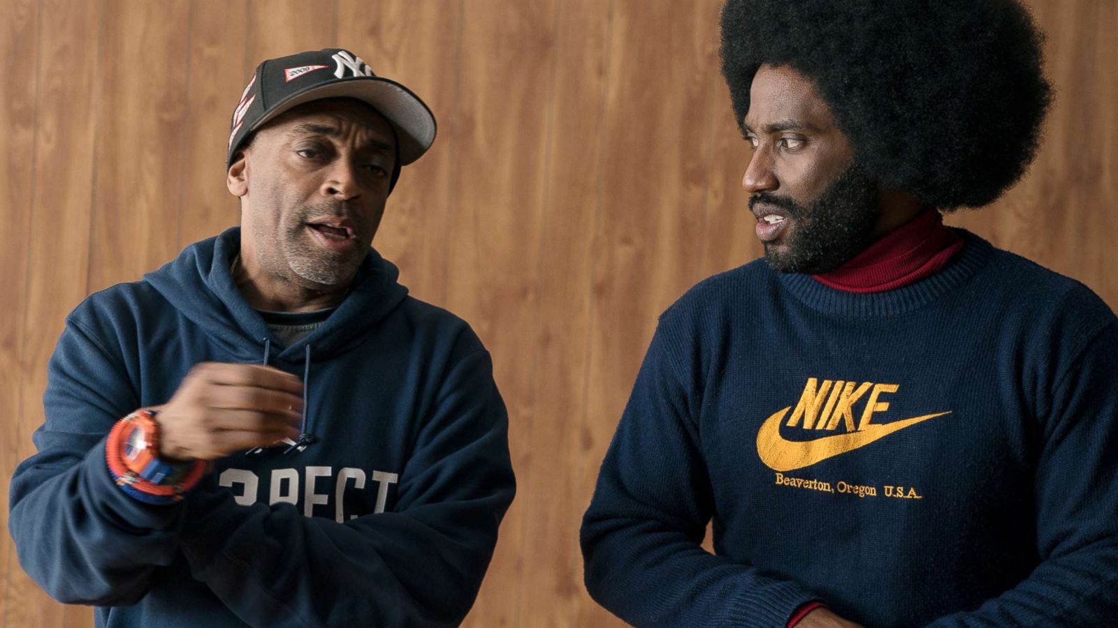 PHOTO: Director Spike Lee and actor John David Washington on the set of the film, "BlacKkKlansman."